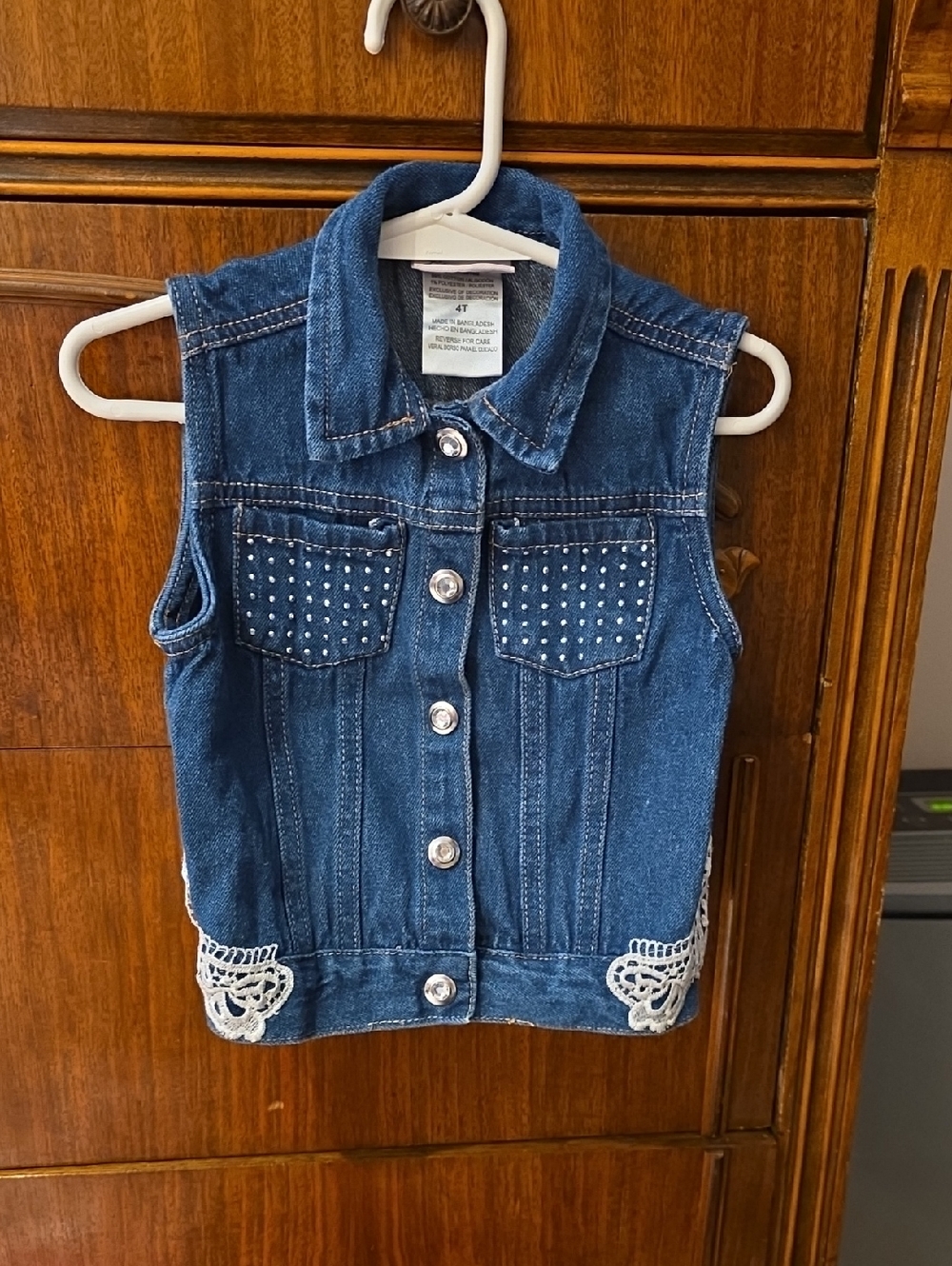Little Lass Blue Studded Denim Vest with Lace Accents